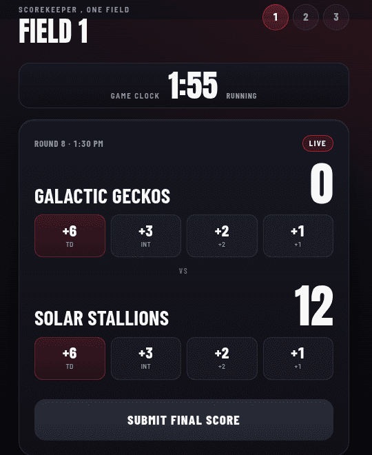 The MatchPlayHQ court scorekeeper screen on a phone: one court, two teams with big tap-to-score buttons, and a Submit final score button.